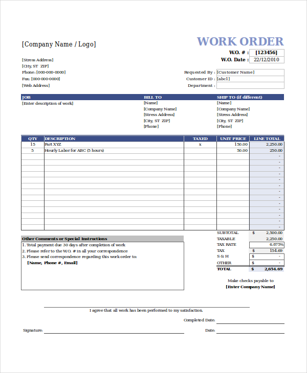 free work order template excel