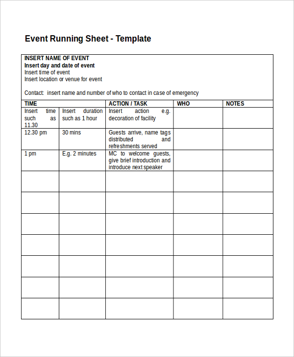 Event Run Sheet Template DocTemplates