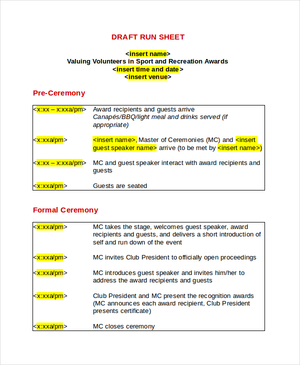 17 Run Sheet Templates PDF DOC
