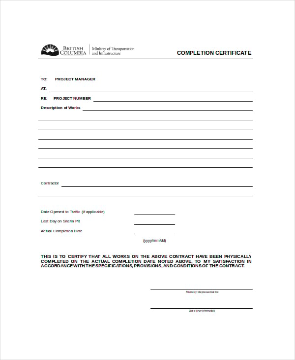 work completion certificate template
