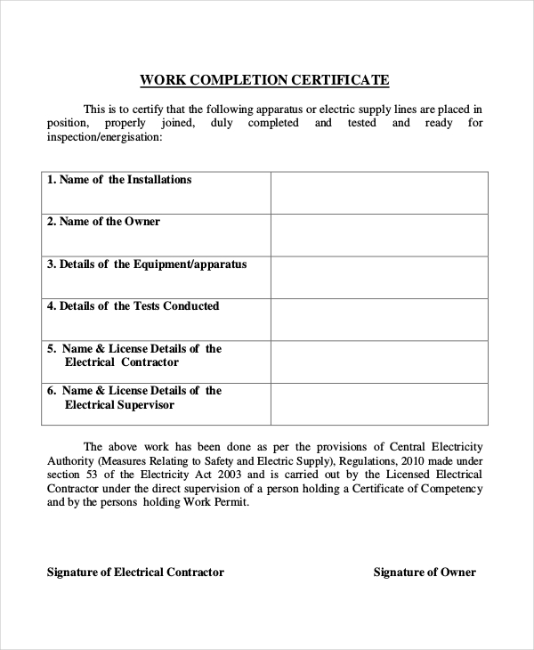 emergency lighting completion certificate example