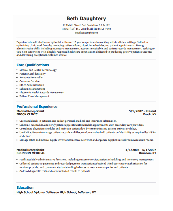 Front Desk Medical Receptionist Summary Resume