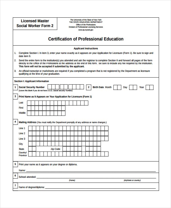 work certification of professional education template