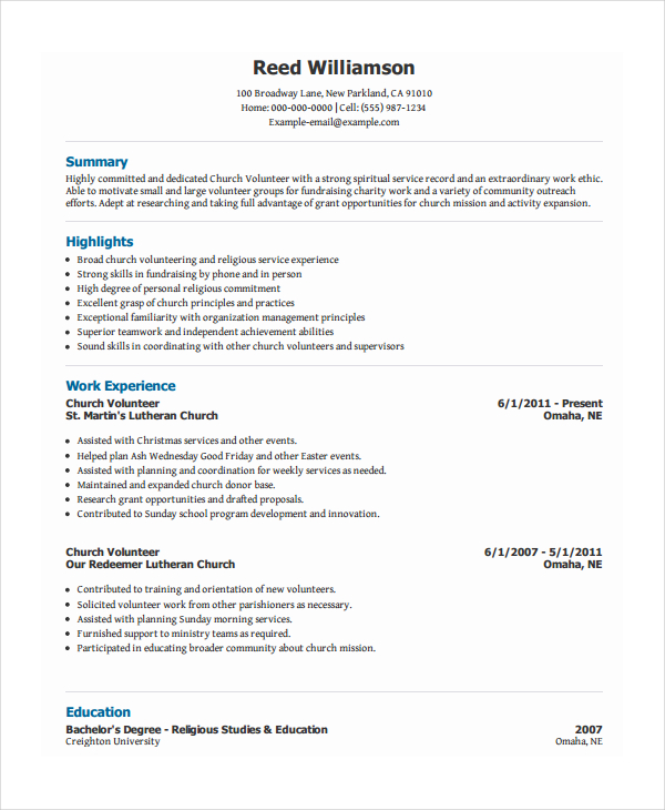 sample resume for a volunteer position