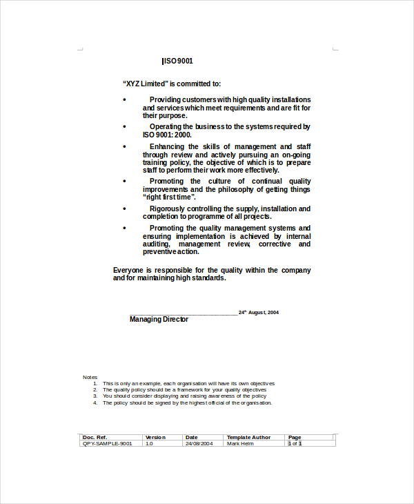 Quality Policy Template 8 Free Word PDF Documents Download