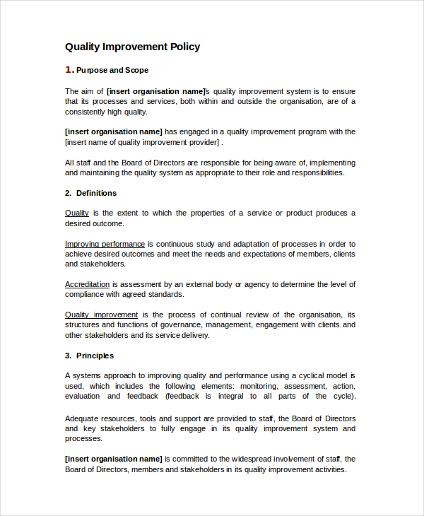 quality improvement policy template