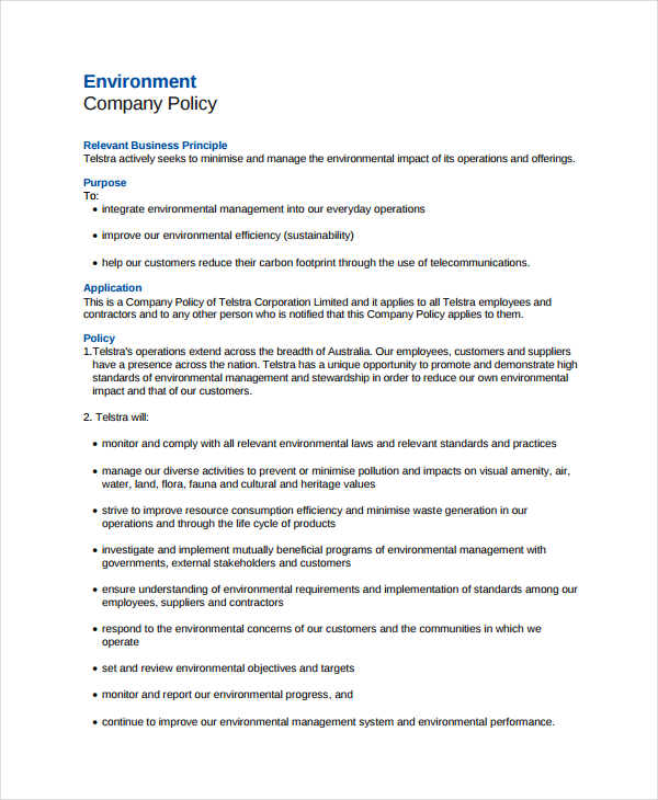 8 Environmental Policy Templates In MS Word Apple Pages Google Docs