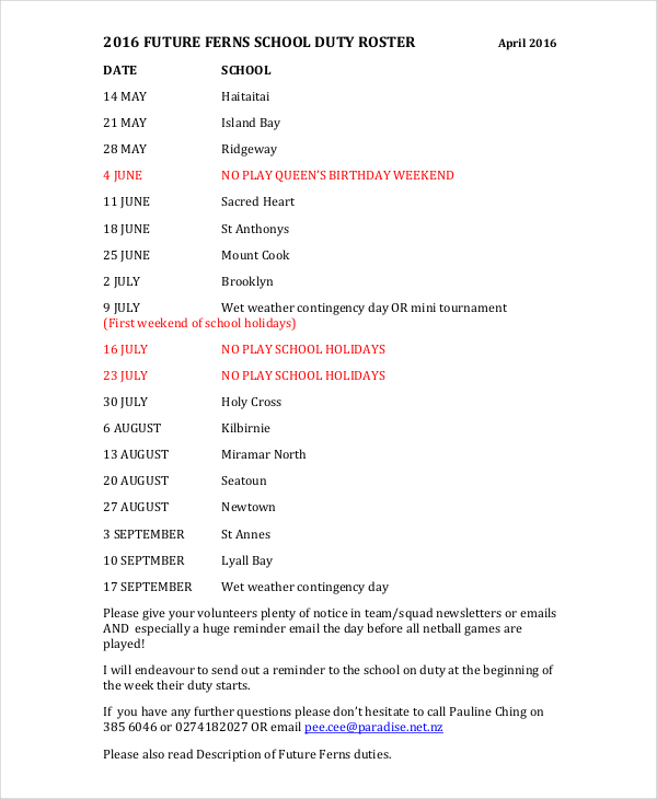 school duty roster template