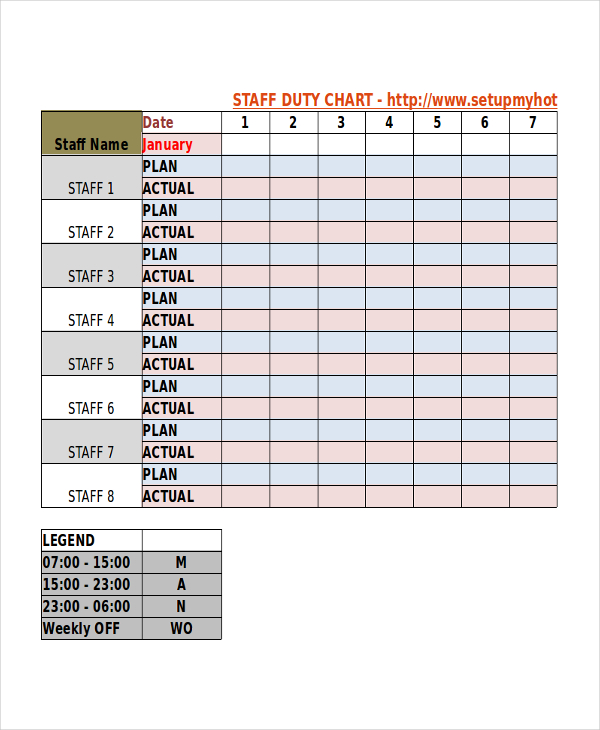 hotel staff duty roster template