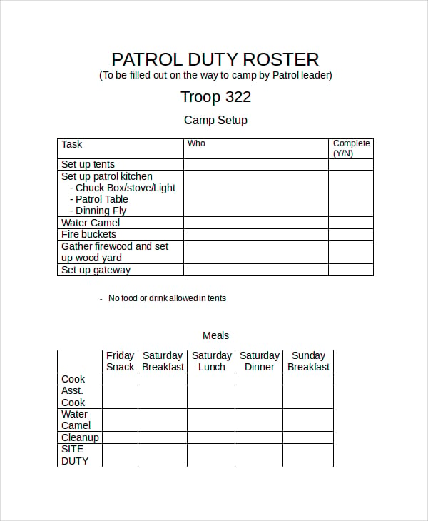 patrol duty roster template