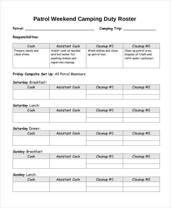patrol weekend camping duty roster template