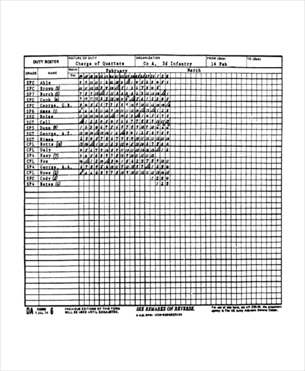 Army Duty Roster Template