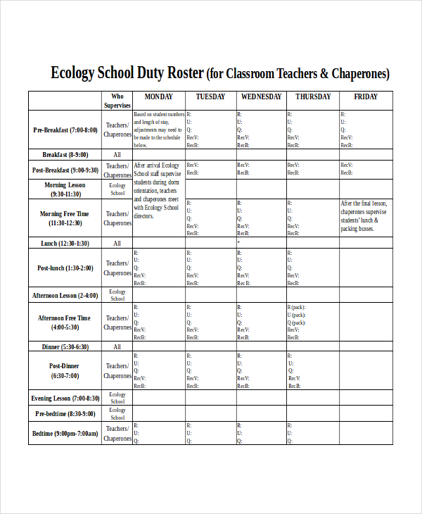 teacher duty roster template