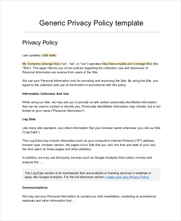 generic privacy policy template