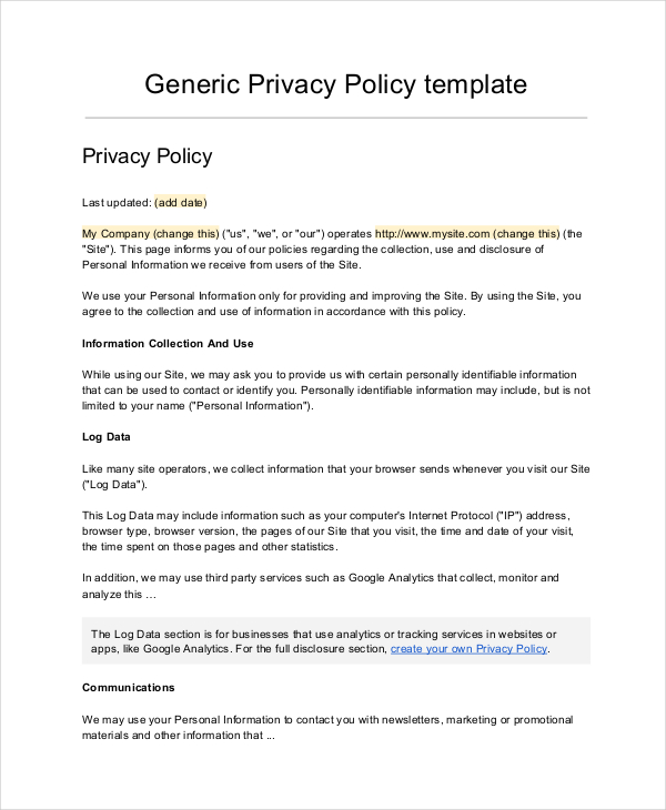 Customer Data Privacy Policy Template