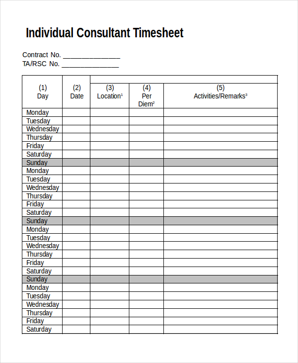 Consultant Monthly Timesheet Template