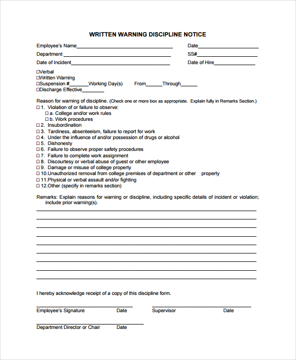 written warning discipline notice template