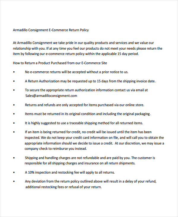 armadillo consignment e commerce return policy