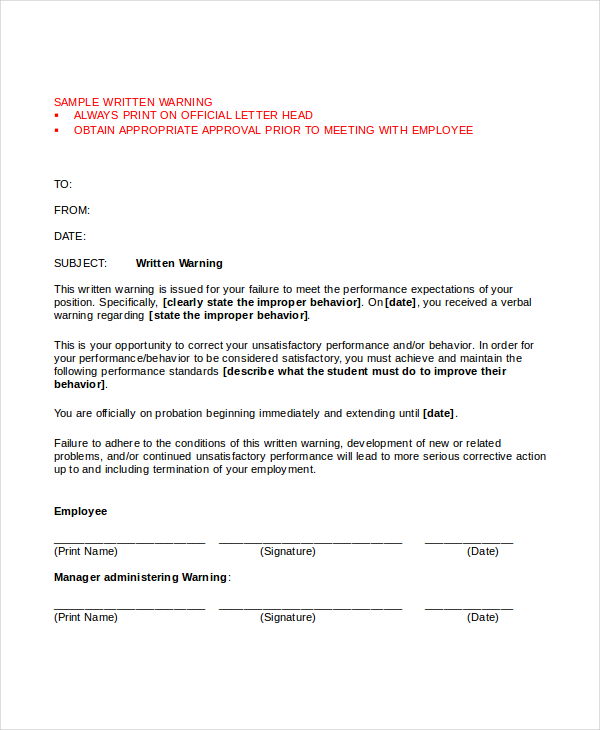 Warning Letter To Employee For Poor Performance Pdf Infoupdate
