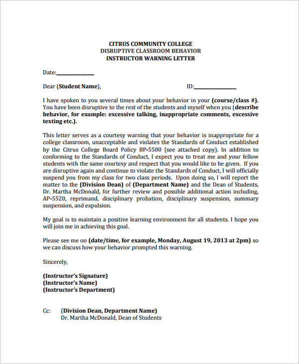 student conduct warning letter