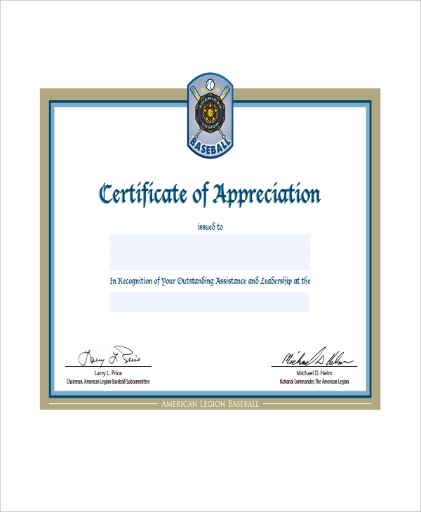 baseball certificate of appreciation template