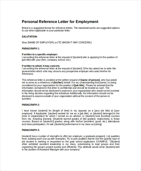 Writing A Personal Reference Letter Sample