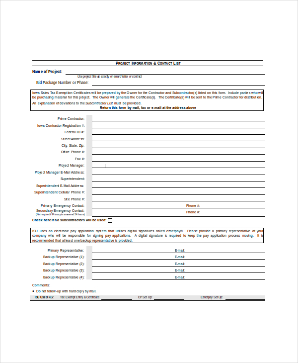 project contact list template