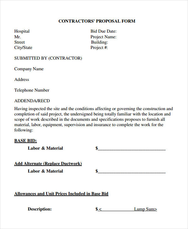 contractors proposal form template