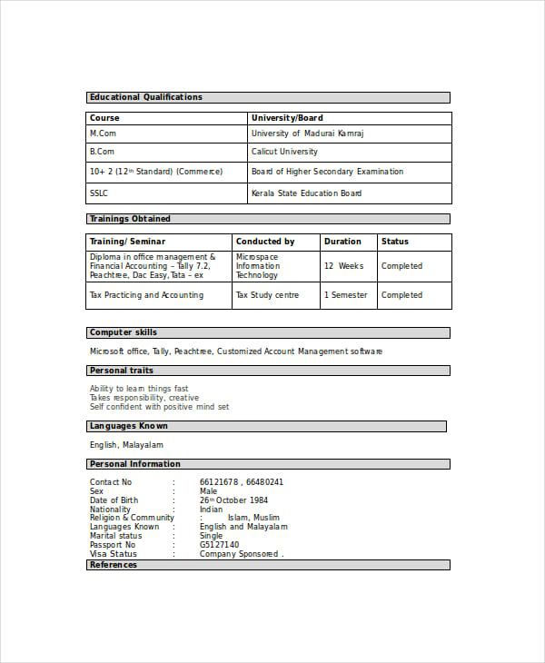 Chartered Accountant Resume Template 5 Free Word Pdf Documents