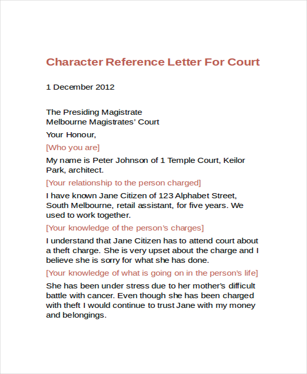 character reference letter for court