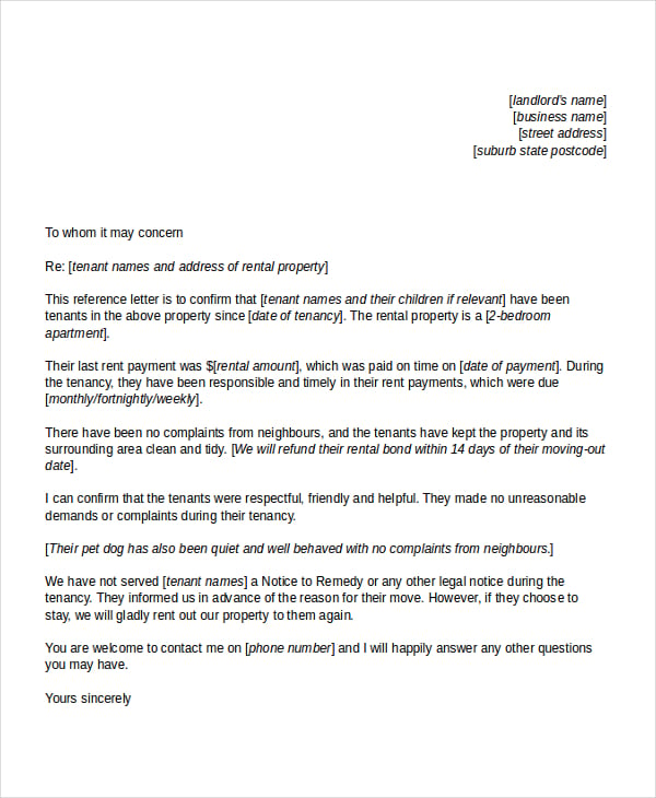 business reference letter for a rental