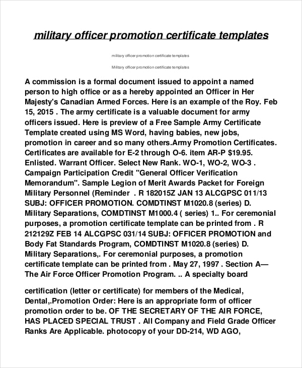 military officer promotion certificate template