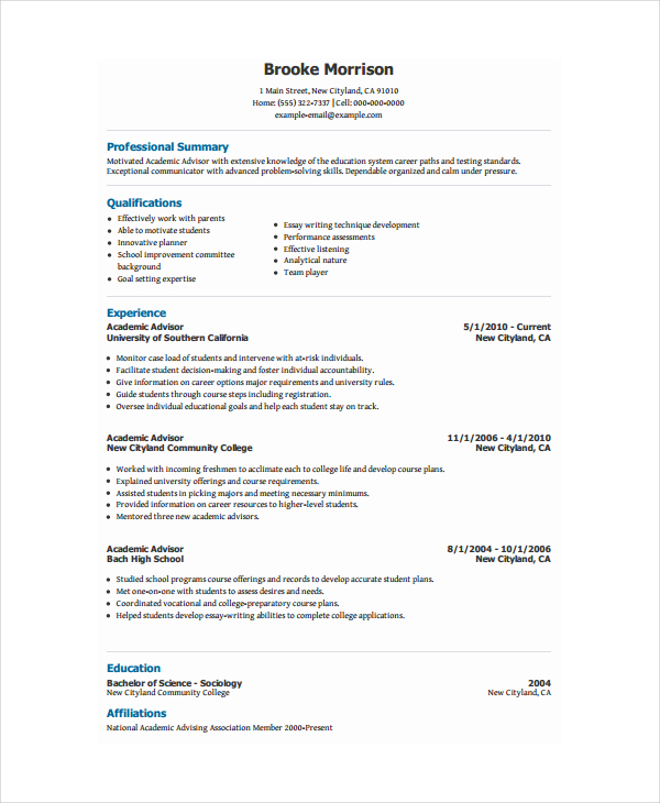 Academic Advisor Resume