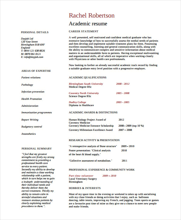 sample academic resume template