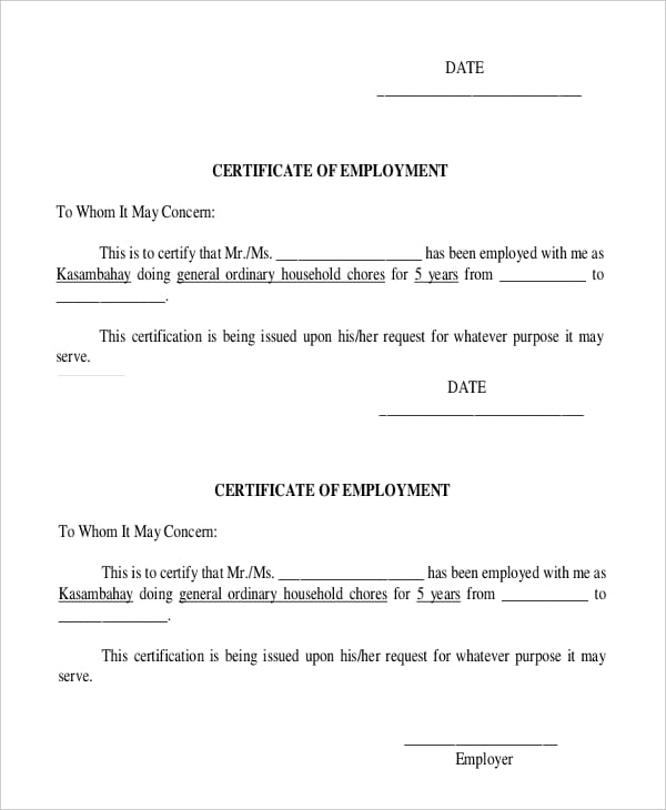 sample certificate of employment