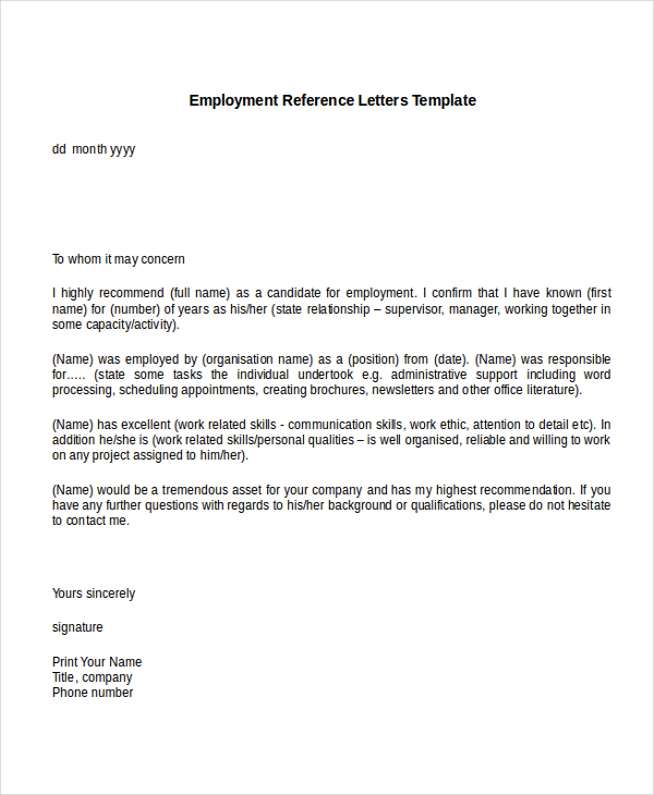 Letter Of Employment Reference — References & Recommendations