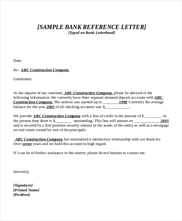 Bank Reference Letter Template