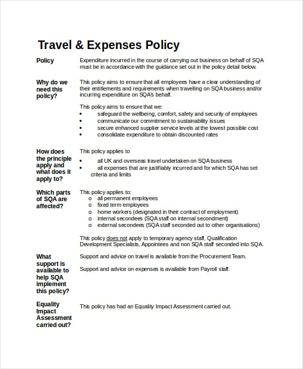 travel expenses policy template uk