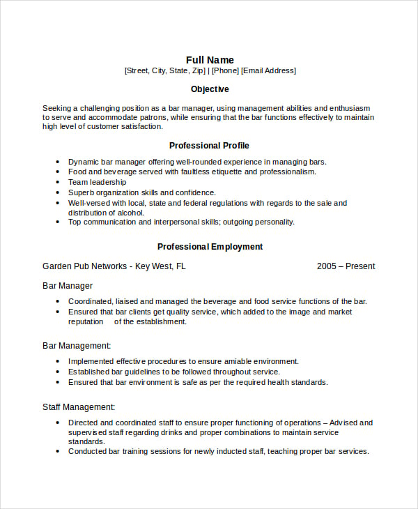 Bartender Resume Template 6+ Free Word, PDF Document Downloads