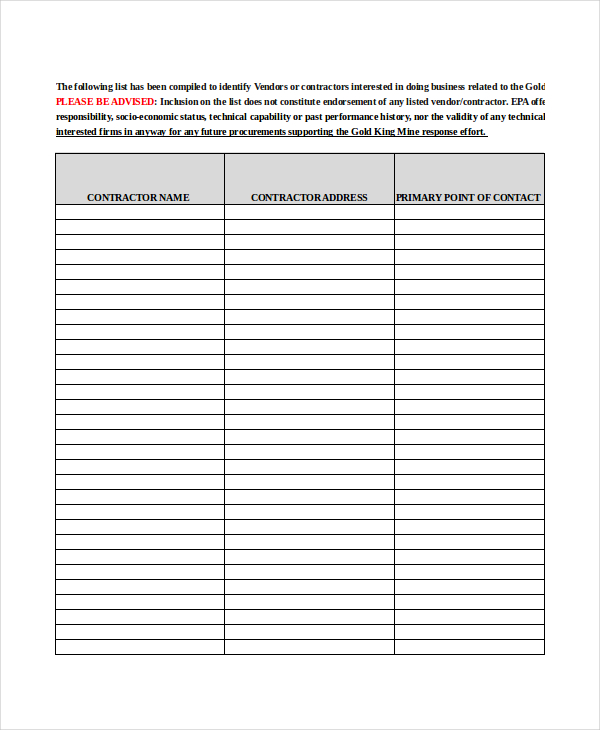 blank vendor list template