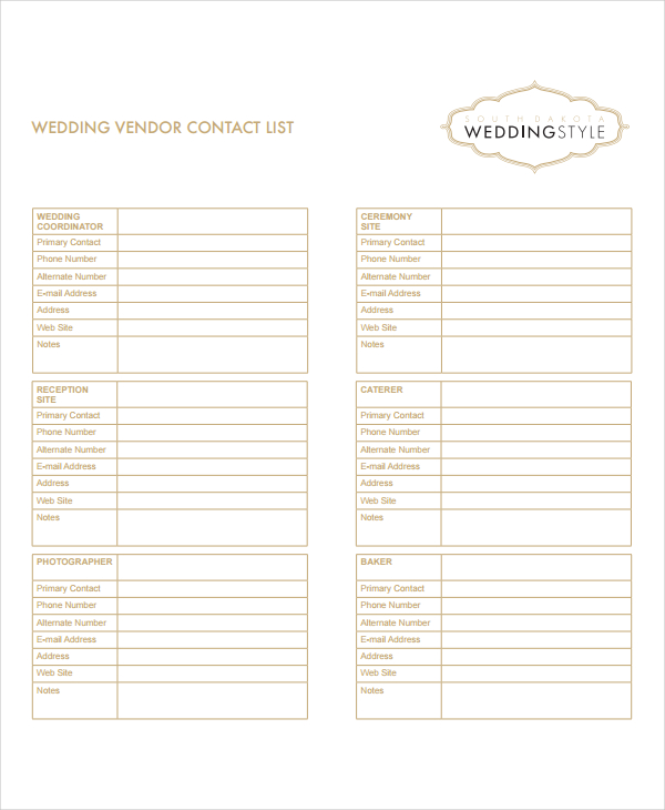 wedding vendor contact list template