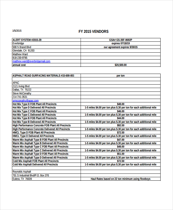 master vendor list template