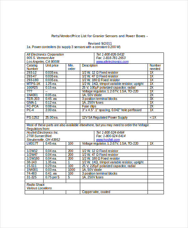 vendor price list template