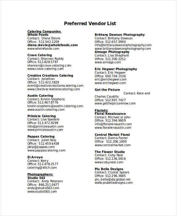 preferred vendor list template