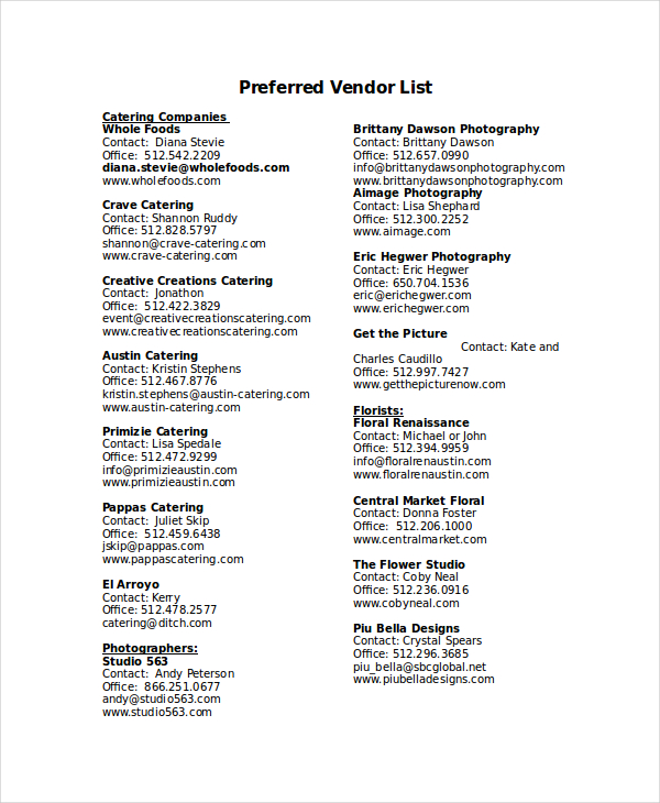 7  Vendor List Templates PDF DOC