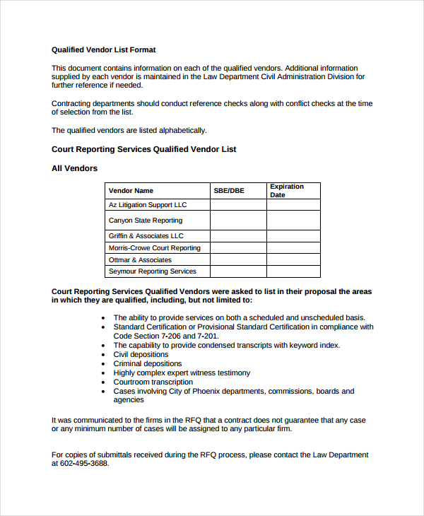 qualified vendor list template