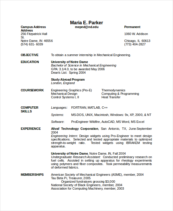 Mechanical Engineering Resume For Fresher