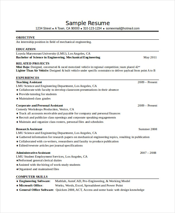 mechanical engineering resume for experience