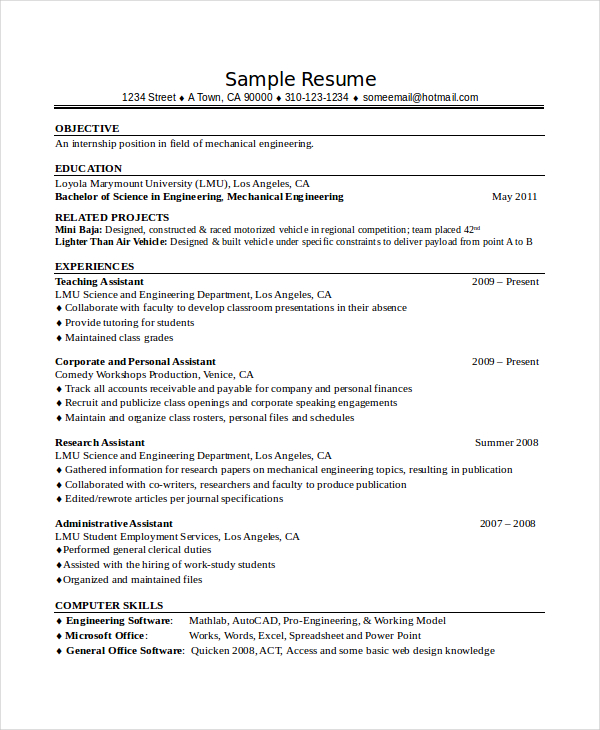 Resume Format For Mechanical Engineering Students