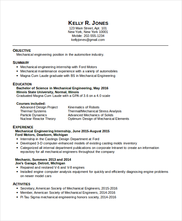 Sample resume for mechanical engineering internship